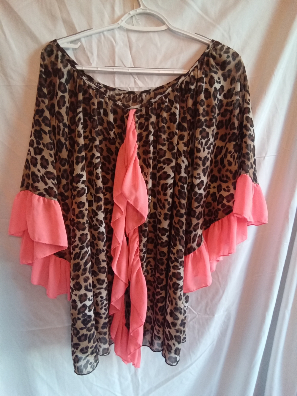 Leopard Print Ruffle Sleeve Women's Top with Coral Accents OS